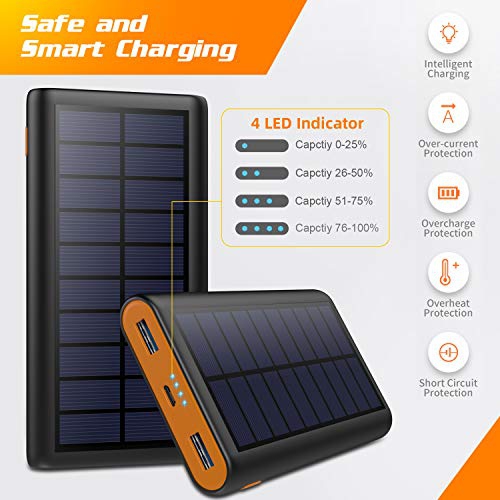 Chargeur solaire, batterie solaire 26800 mAh, chargeur portable avec LED et 2 ports de sortie USB, batterie externe pour le