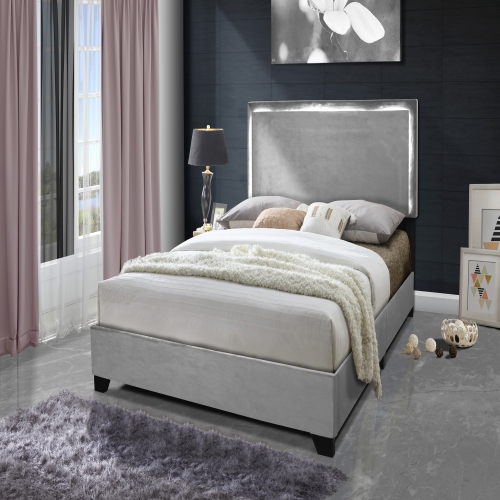 Aerys Double Full Platform Bed Frame with LED Lights, Upholstered Platform Double Full Bed, Grey Velvet