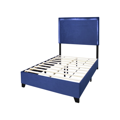 Aerys Double Full Platform Bed Frame with LED Lights, Upholstered Platform Double Full Bed, Navy Velvet