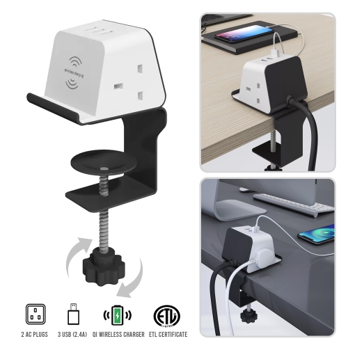 Clamp-on Wireless Charger Power Socket with Qi Charger, Multiple USB Ports, and Multiple Power Outlets