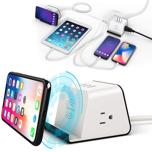 Clamp-on Wireless Charger Power Socket with Qi Charger, Multiple USB Ports, and Multiple Power Outlets