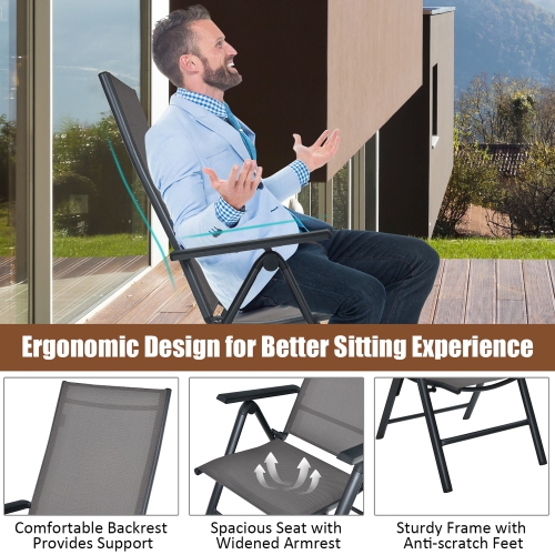 Costway 2PCS Patio Folding Dining Chairs Aluminium Adjustable Back Gray