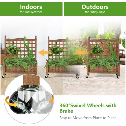 Jardinière en bois de 81 cm/32 pouces avec treillage, bac mobile surélevé pour plantes grimpantes, Gymax