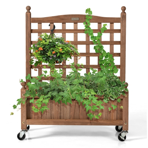 Jardinière en bois de 81 cm/32 pouces avec treillage, bac mobile surélevé pour plantes grimpantes, Gymax