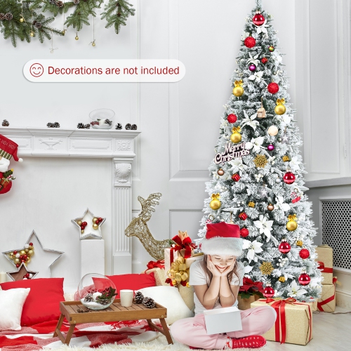 Gymax 8 FT Artificial Snow Flocked Pencil Christmas Tree w/ White Berries & Flowers