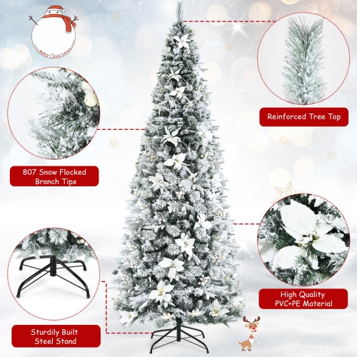 Gymax 8 FT Artificial Snow Flocked Pencil Christmas Tree w/ White Berries & Flowers