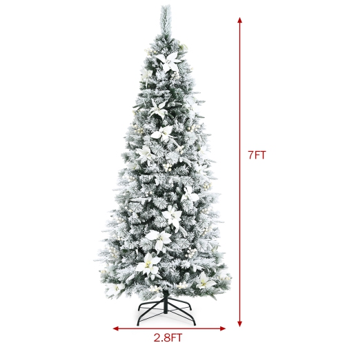 Gymax 7 FT Artificial Snow Flocked Pencil Christmas Tree w/ White Berries & Flowers