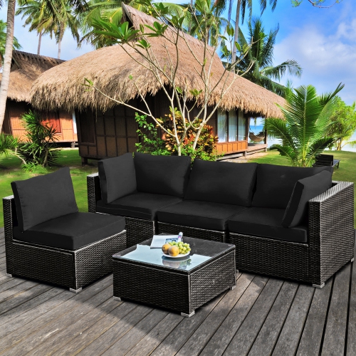 GYMAX  5PCs Rattan Patio Conversation Set Sofa Furniture Set W/ Cushions In Black