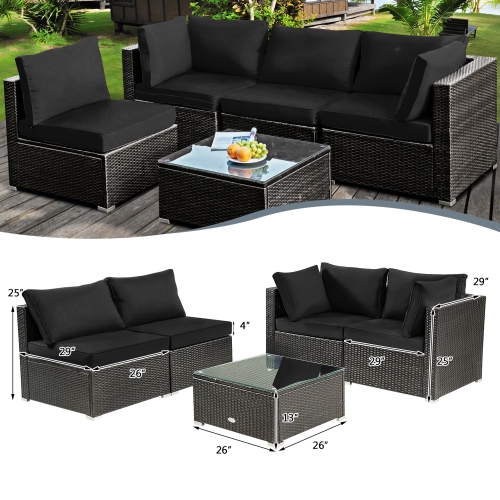 Gymax 5PCS Rattan Patio Conversation Set Sofa Furniture Set w/ Black Cushions