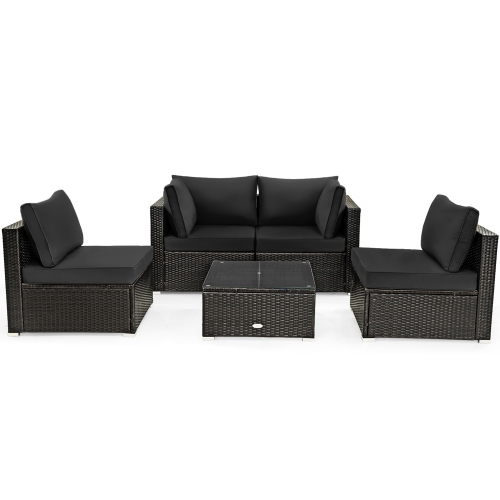 Gymax 5PCS Rattan Patio Conversation Set Sofa Furniture Set w/ Black Cushions