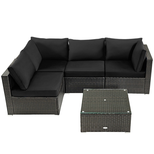 Gymax 5PCS Rattan Patio Conversation Set Sofa Furniture Set w/ Black Cushions