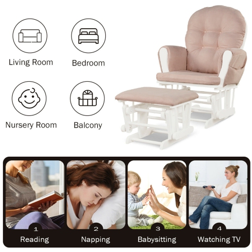 Gymax Glider and Ottoman Cushion Set Wood Baby Nursery Rocking Chair