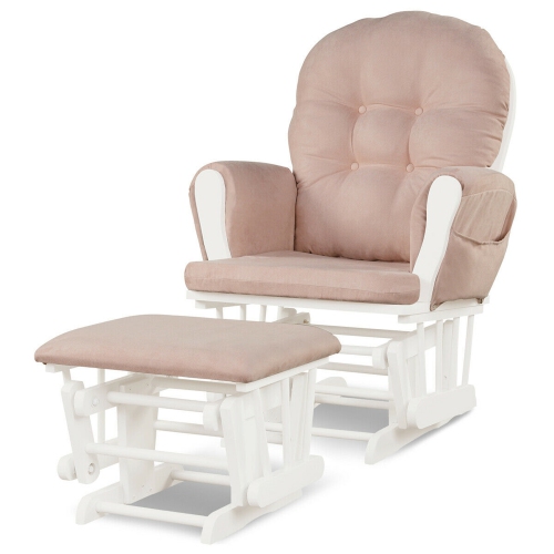 Gymax Glider and Ottoman Cushion Set Wood Baby Nursery Rocking Chair