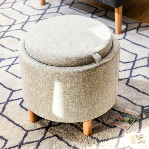 Gymax Round Storage Ottoman w/Tray Top Accent Padded Footrest w/Wood Legs