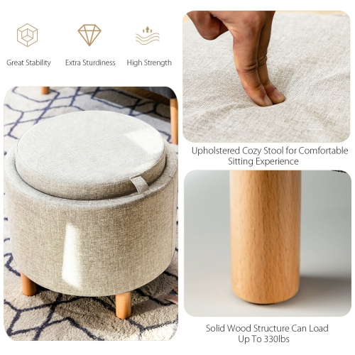 Gymax Round Storage Ottoman w/Tray Top Accent Padded Footrest w/Wood Legs