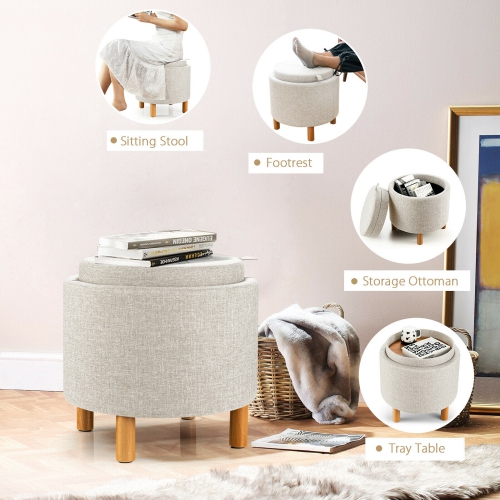 Gymax Round Storage Ottoman w/Tray Top Accent Padded Footrest w/Wood Legs