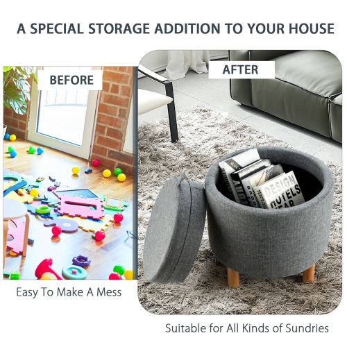 Gymax Round Storage Ottoman w/Tray Top Accent Padded Footrest w/Wood Legs