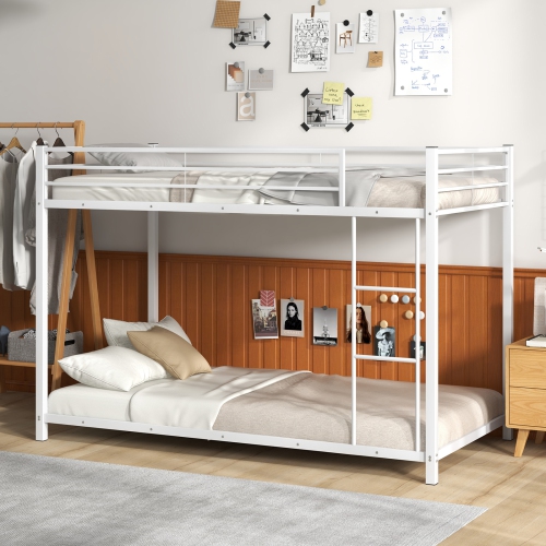 Gymax Twin Over Twin Bunk Bed Frame Platform W/Guard Rails & Side Ladder White