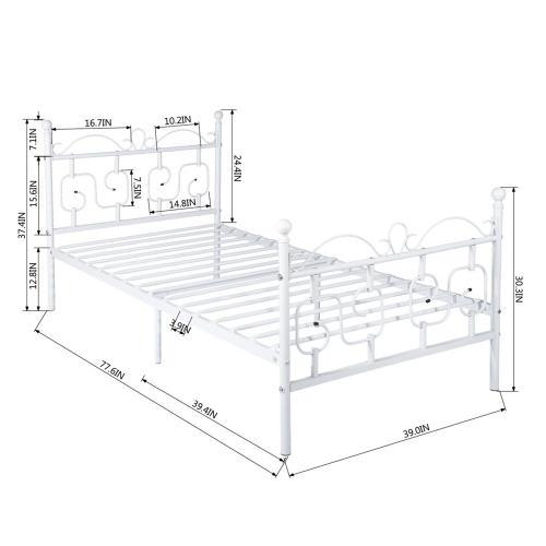 FurnitureR White Twin Size,Mattress Foundation Bed Frames with Special Headboard and Footboard Sturdy Metal Platform Frame Assemble Easily Mattress