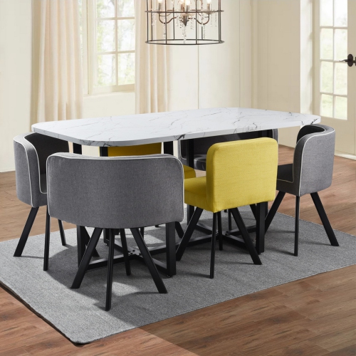 FurnitureR Set of 7 Modern Dining Room Set Rectangle Marble Dining Table with 6 Chairs for Dining Room