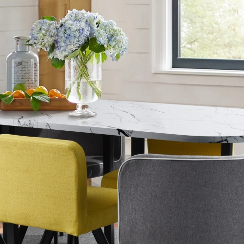 FurnitureR Set of 7 Modern Dining Room Set Rectangle Marble Dining Table with 6 Chairs for Dining Room