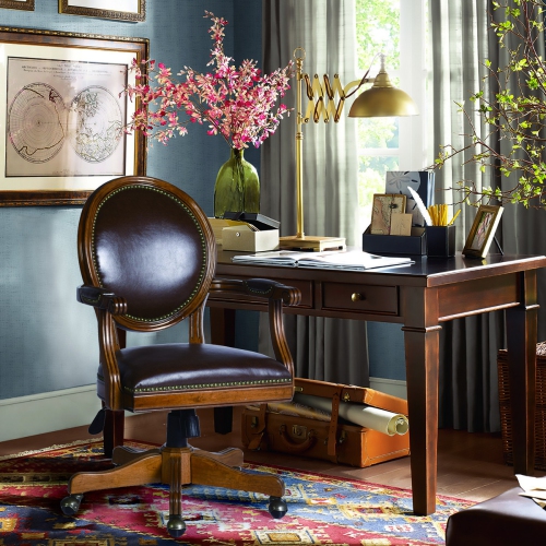 FurnitureR Bankers Chair Desk Chair Office Chair Solid Wood Frame with Faux Leather Upholstery Classical Round Backrest for Home Office