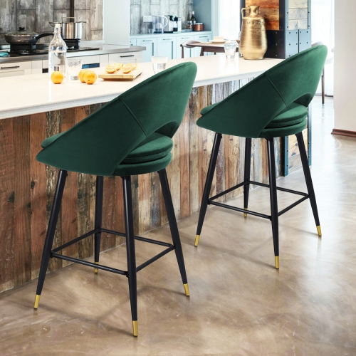 HOMY CASA 27.6'' Counter Height Bar Stools Set of 2, Comfort Velvet Upholstery Seat with Metal Legs Barstools, Green