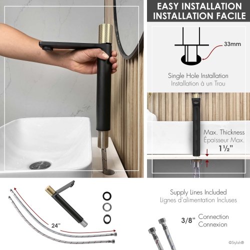 Nessa Single Handle 12 1/2" Matte Black with Gold Vessel Bathroom Faucet B-122NG