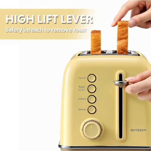 BUYDEEM DT620-MY 2-Slice Extra Wide Slots Toaster Retro Stainless Steel with High Lift Lever - Mellow Yellow