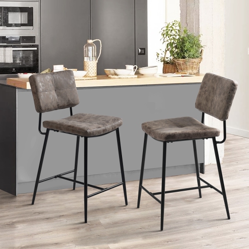 FurnitureR 24 Inch Counter Height Bar Stools Set of 2,Indoor Outdoor Sturdy Metal Frame Stools with Faux Leather Seat Barstools for Kitchen Island