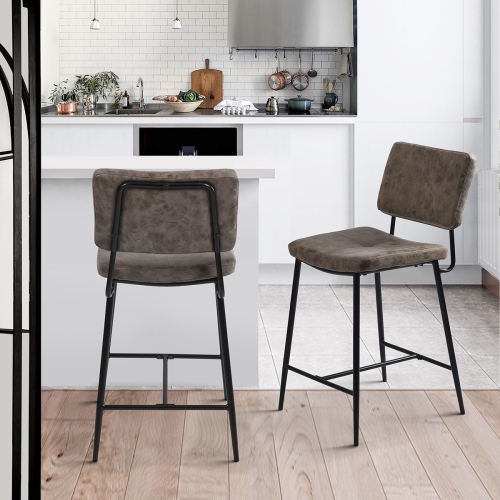 FurnitureR 24 Inch Counter Height Bar Stools Set of 2,Indoor Outdoor Sturdy Metal Frame Stools with Faux Leather Seat Barstools for Kitchen Island