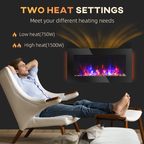 HOMCOM 36 Inch Electric Fireplace, Wall Mounted Fireplace with Patented 7 Colour Adjustable LED Flame Effect, Remote Control, 2 Modes Heat, 750/1500W