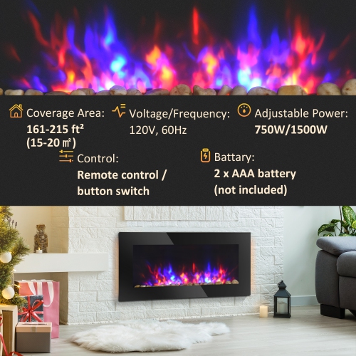 HOMCOM 36 Inch Electric Fireplace, Wall Mounted Fireplace with Patented 7 Colour Adjustable LED Flame Effect, Remote Control, 2 Modes Heat, 750/1500W