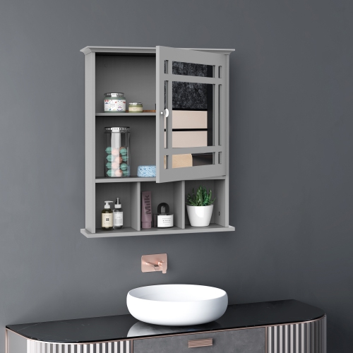 kleankin Bathroom Mirror Cabinet, Wall Mounted Medicine Cabinet, 3 Shelf Organizer for Kitchen, Grey