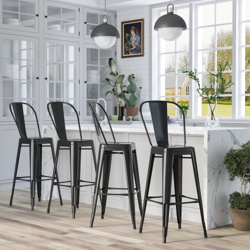HOMCOM 30" Metal Bar Stools, Set of 4 Stacking Stools, Bar Height Kitchen Stools, Metal Chair with Removable Back for Kitchen Island, Pub, Bistro