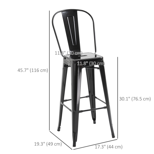HOMCOM 30" Metal Bar Stools, Set of 4 Stacking Stools, Bar Height Kitchen Stools, Metal Chair with Removable Back for Kitchen Island, Pub, Bistro