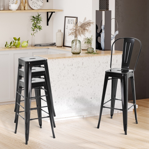 HOMCOM 30" Metal Bar Stools, Set of 4 Stacking Stools, Bar Height Kitchen Stools, Metal Chair with Removable Back for Kitchen Island, Pub, Bistro