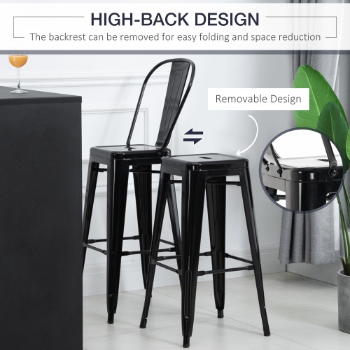 HOMCOM 30" Metal Bar Stools, Set of 4 Stacking Stools, Bar Height Kitchen Stools, Metal Chair with Removable Back for Kitchen Island, Pub, Bistro