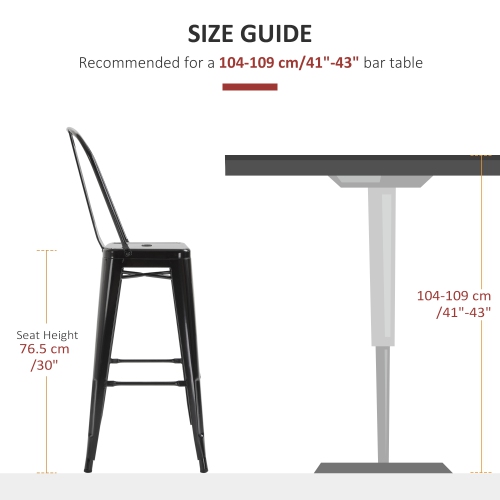 HOMCOM 30" Metal Bar Stools, Set of 4 Stacking Stools, Bar Height Kitchen Stools, Metal Chair with Removable Back for Kitchen Island, Pub, Bistro