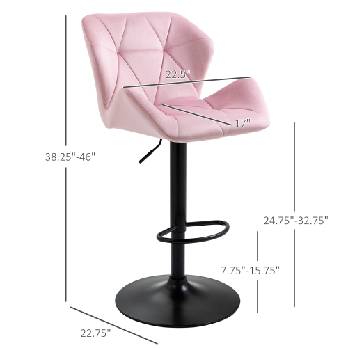 HOMCOM Adjustable Bar Stools Set of 2, Tufted Swivel Barstool with Back, Wide Seat and Footrest, Velvet Upholstered Bar Chairs for Kitchen, Dining