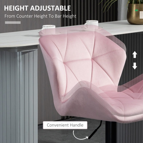 HOMCOM Adjustable Bar Stools Set of 2, Tufted Swivel Barstool with Back, Wide Seat and Footrest, Velvet Upholstered Bar Chairs for Kitchen, Dining