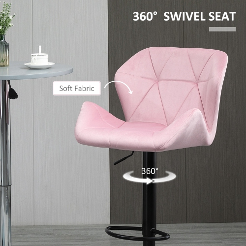 HOMCOM Adjustable Bar Stools Set of 2, Tufted Swivel Barstool with Back, Wide Seat and Footrest, Velvet Upholstered Bar Chairs for Kitchen, Dining