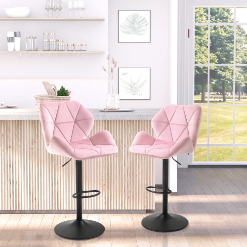 HOMCOM Adjustable Bar Stools Set of 2, Tufted Swivel Barstool with Back, Wide Seat and Footrest, Velvet Upholstered Bar Chairs for Kitchen, Dining