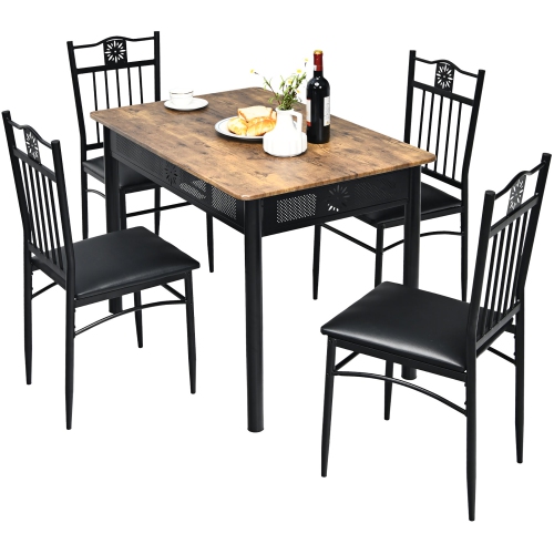 COSTWAY  5PCs Dining Set Metal Table & 4 Chairs Kitchen Breakfast Furniture Black