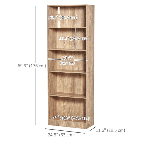 HOMCOM 5-Tier Bookcase, Storage Bookshelf, Display Shelves with Adjustable Shelves for Living Room, Home Office, Nature Wood