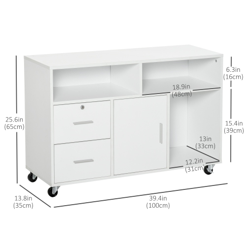HOMCOM Lateral Filing Cabinet with Open Storage Shelf, Printer Stand Home Office Mobile File Cabinet with Wheels, Lockable Drawer, White