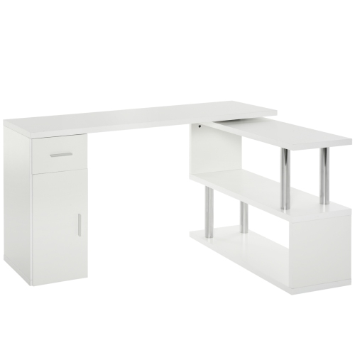 HOMCOM  L-Shaped Rotating Computer Desk Home Office Study Workstation With Storage Shelves, Cabinet And Drawer for Home & Office In White