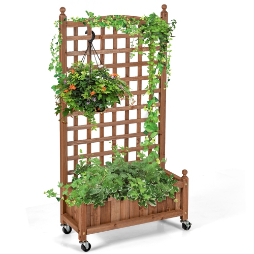 COSTWAY  50In Wood Planter Box W/trellis Mobile Raised Bed for Climbing Plant