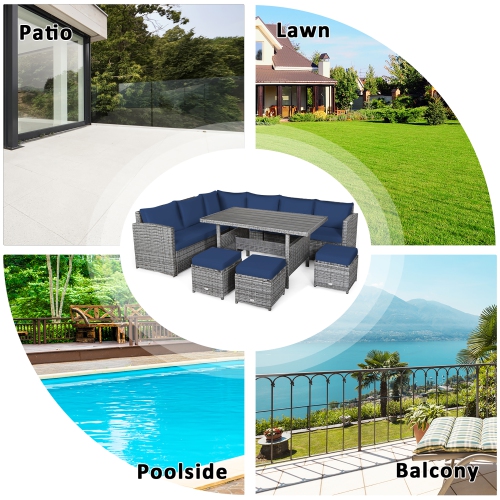 Costway 7 PCS Patio Rattan Dining Set Sectional Sofa Couch Ottoman Garden Navy