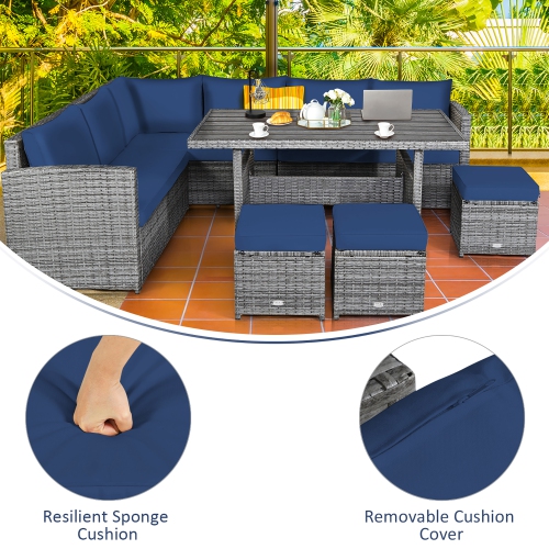 Costway 7 PCS Patio Rattan Dining Set Sectional Sofa Couch Ottoman Garden Navy